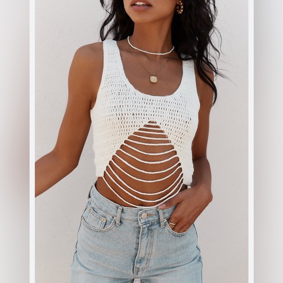 12th Tribe Bogota White Crochet Open Knit Cropped Tank Size Small - Picture 3 of 10